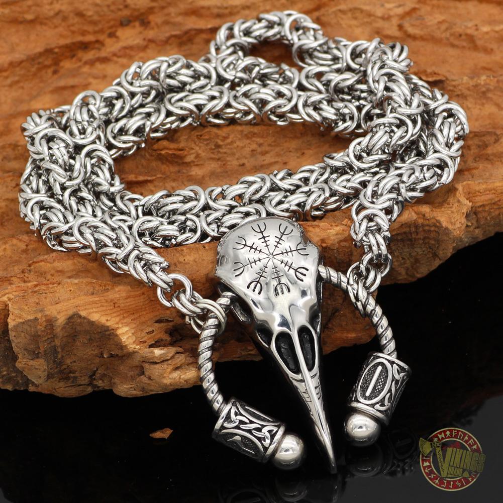 Massive Viking Raven Head Necklace with Runes and Vegvisir - VikingsBrand