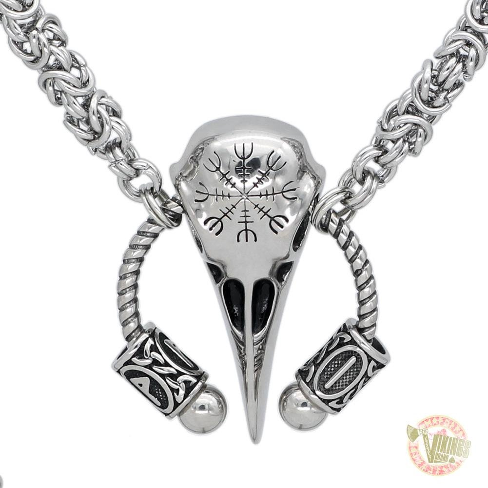 Massive Viking Raven Head Necklace with Runes and Vegvisir - VikingsBrand