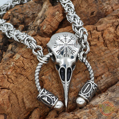 Massive Viking Raven Head Necklace with Runes and Vegvisir - VikingsBrand