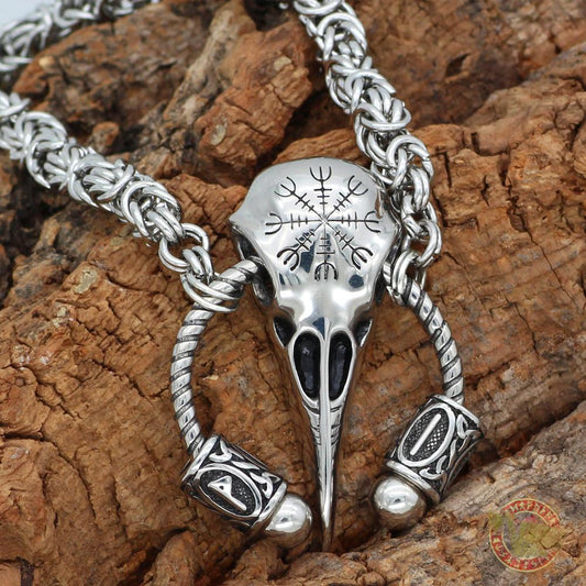 Massive Viking Raven Head Necklace with Runes and Vegvisir - VikingsBrand