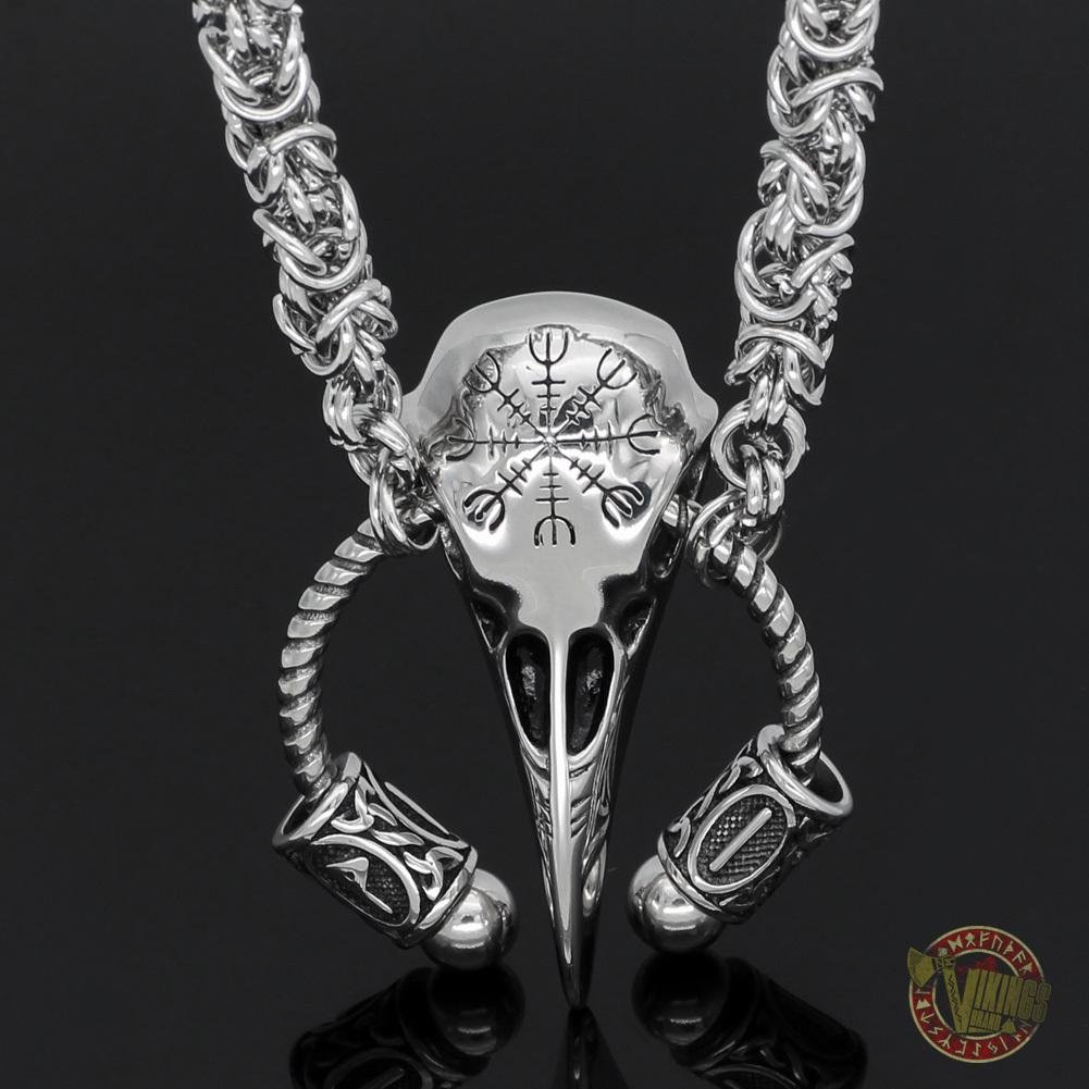 Massive Viking Raven Head Necklace with Runes and Vegvisir - VikingsBrand