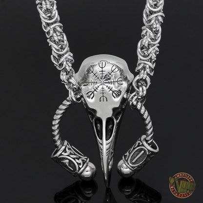 Massive Viking Raven Head Necklace with Runes and Vegvisir - VikingsBrand