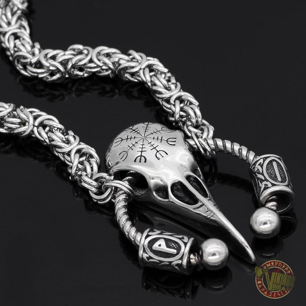 Massive Viking Raven Head Necklace with Runes and Vegvisir - VikingsBrand