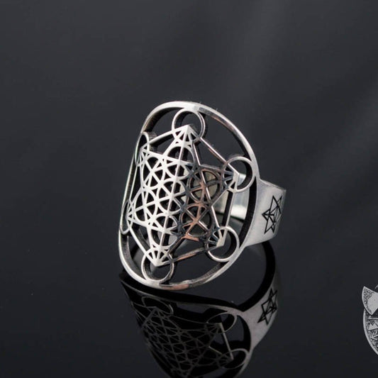 Metatron Cube Symbol 925 Sterling Silver Viking Ring - VikingsBrand