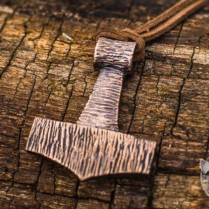Mjolnir Wooden Style Thor's Hammer Bronze Pendant - VikingsBrand