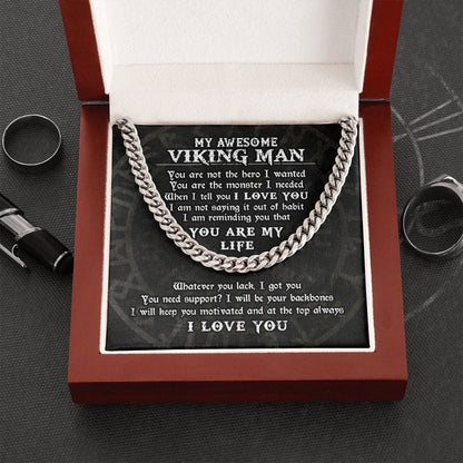 My Awesome Viking Man, Viking Gifts for Men, Husband, Boyfriend, Cuban Link Chain Necklace