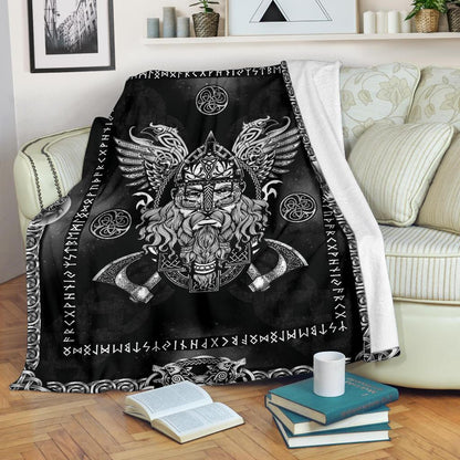 Norse God Odin with Ravens Fleece Blanket - Black - VikingsBrand