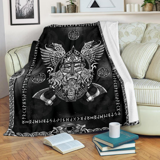 Norse God Odin with Ravens Fleece Blanket - Black - VikingsBrand