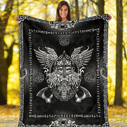 Norse God Odin with Ravens Fleece Blanket - Black - VikingsBrand
