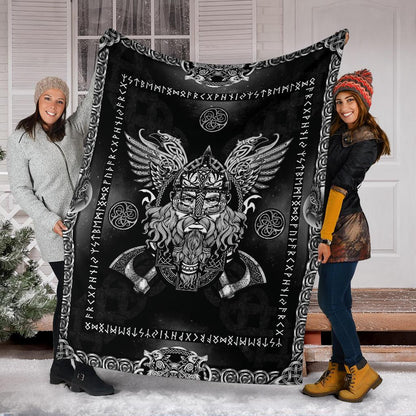 Norse God Odin with Ravens Fleece Blanket - Black - VikingsBrand