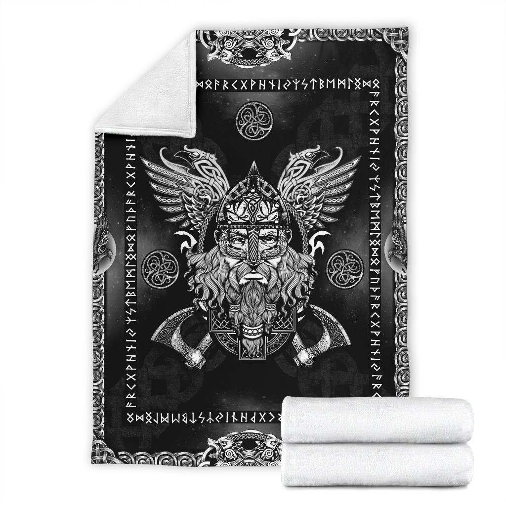 Norse God Odin with Ravens Fleece Blanket - Black - VikingsBrand