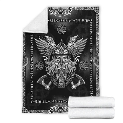 Norse God Odin with Ravens Fleece Blanket - Black - VikingsBrand