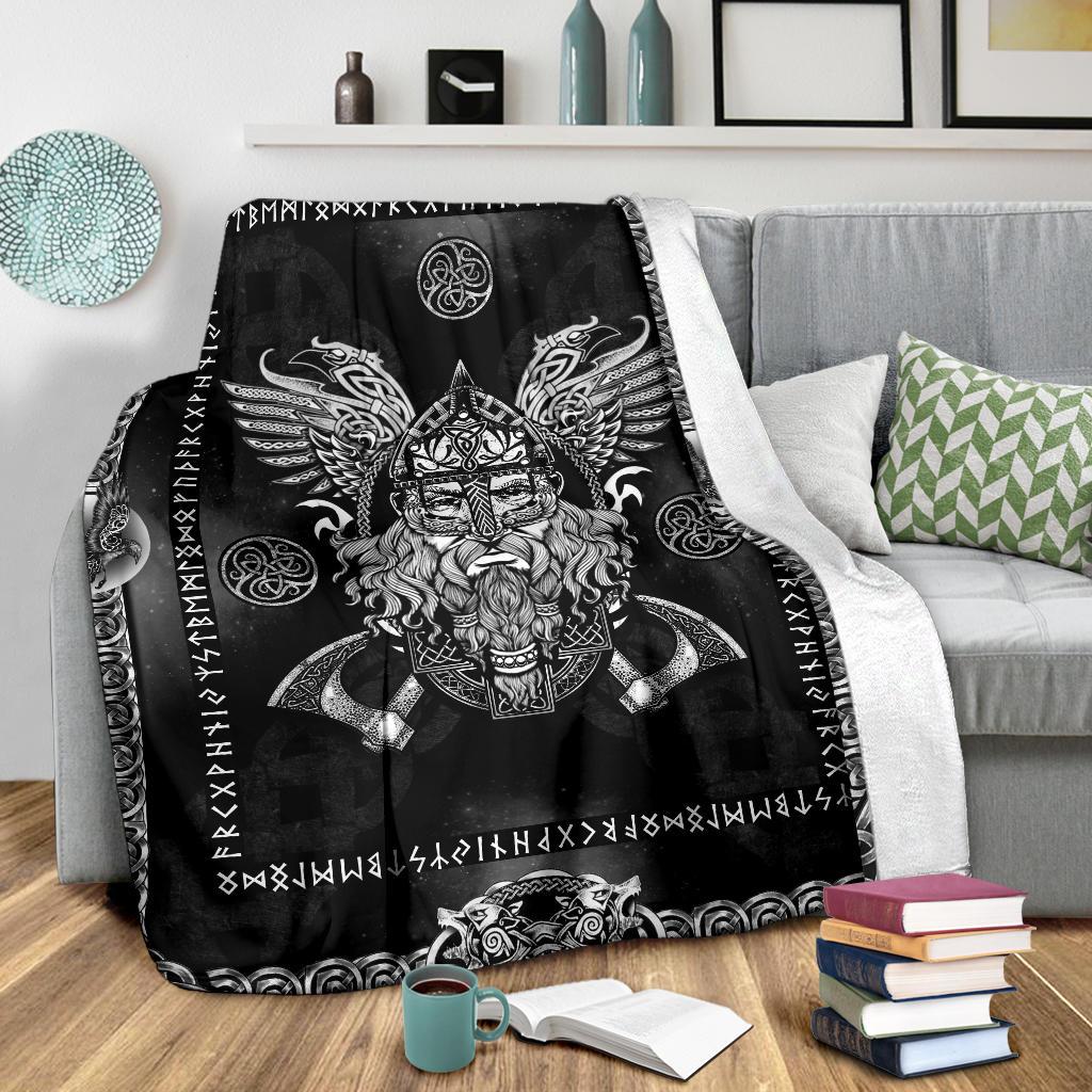 Norse God Odin with Ravens Fleece Blanket - Black - VikingsBrand