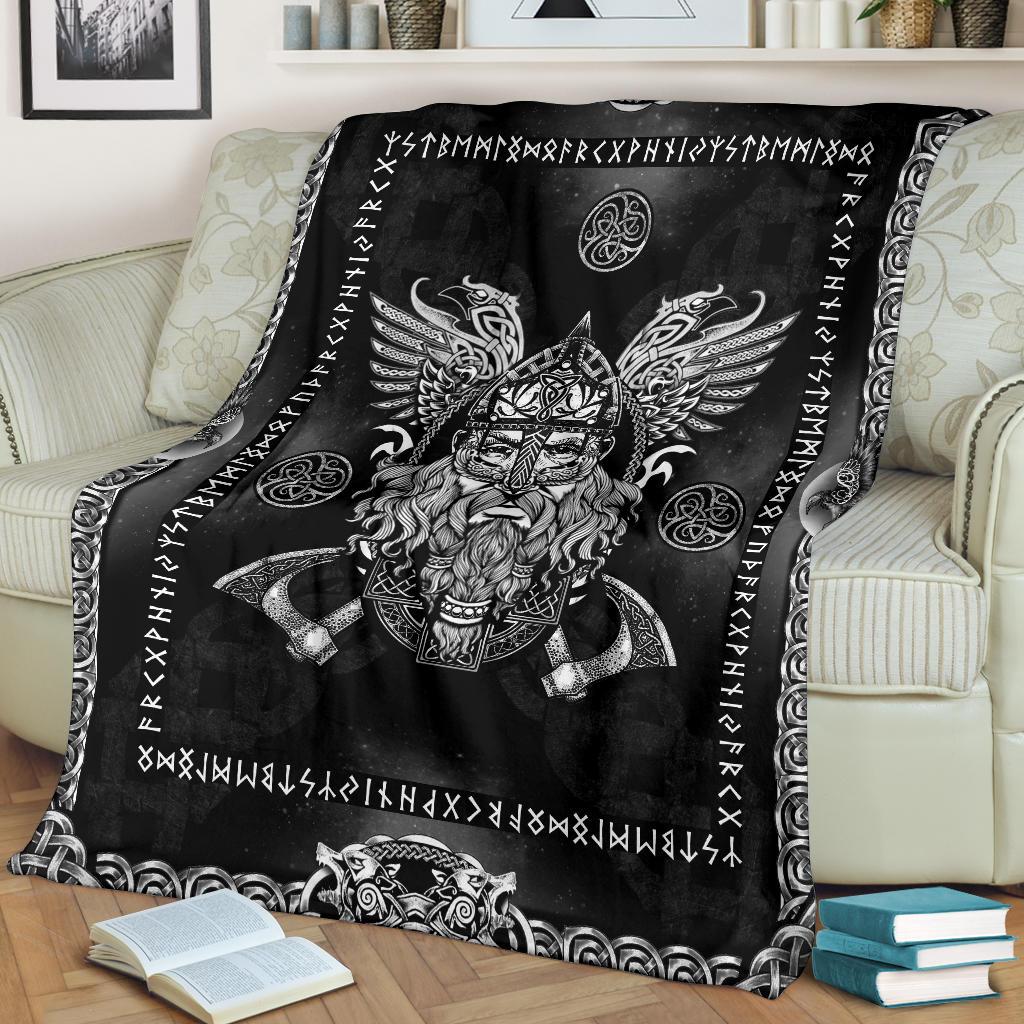 Norse God Odin with Ravens Fleece Blanket - Black - VikingsBrand