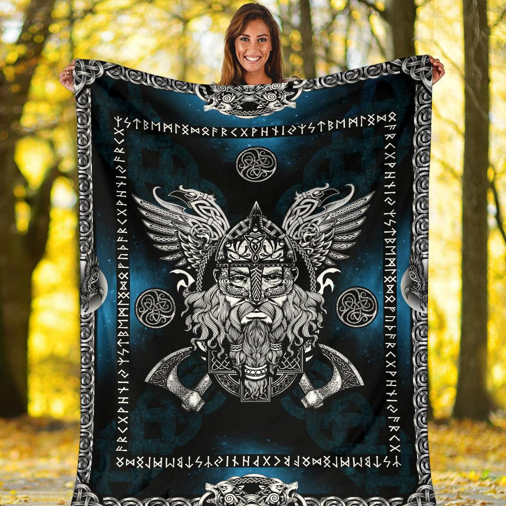 Norse God Odin with Ravens Fleece Blanket - Blue - VikingsBrand