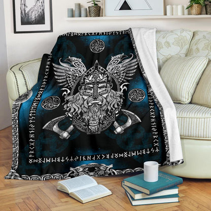 Norse God Odin with Ravens Fleece Blanket - Blue - VikingsBrand