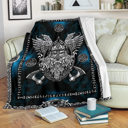 Norse God Odin with Ravens Fleece Blanket - Blue - VikingsBrand