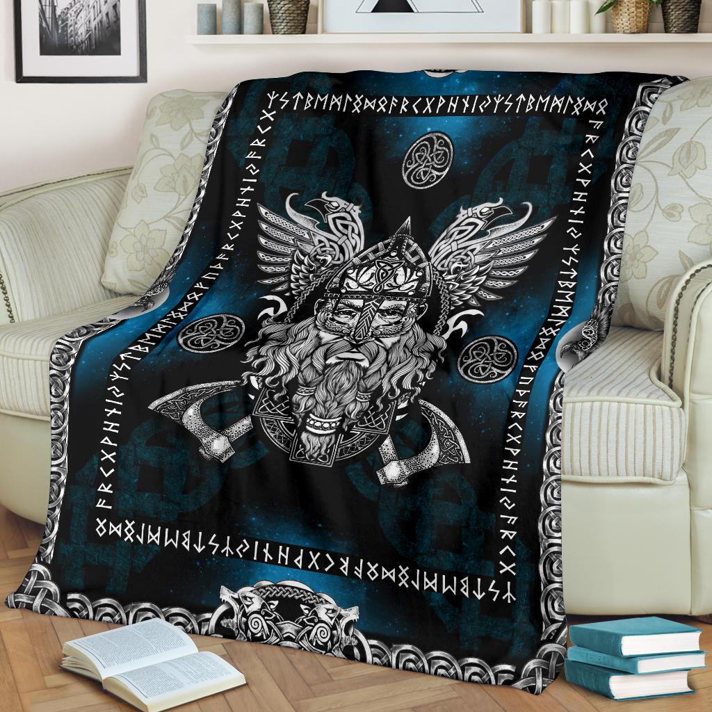 Norse God Odin with Ravens Fleece Blanket - Blue - VikingsBrand