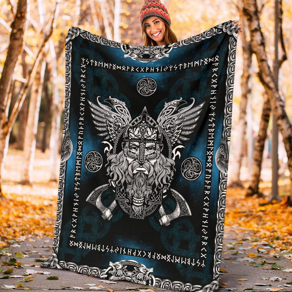 Norse God Odin with Ravens Fleece Blanket - Blue - VikingsBrand