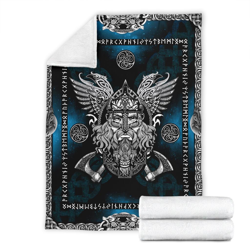 Norse God Odin with Ravens Fleece Blanket - Blue - VikingsBrand