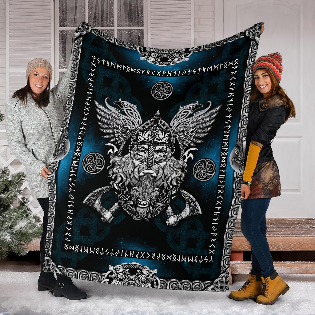 Norse God Odin with Ravens Fleece Blanket - Blue - VikingsBrand