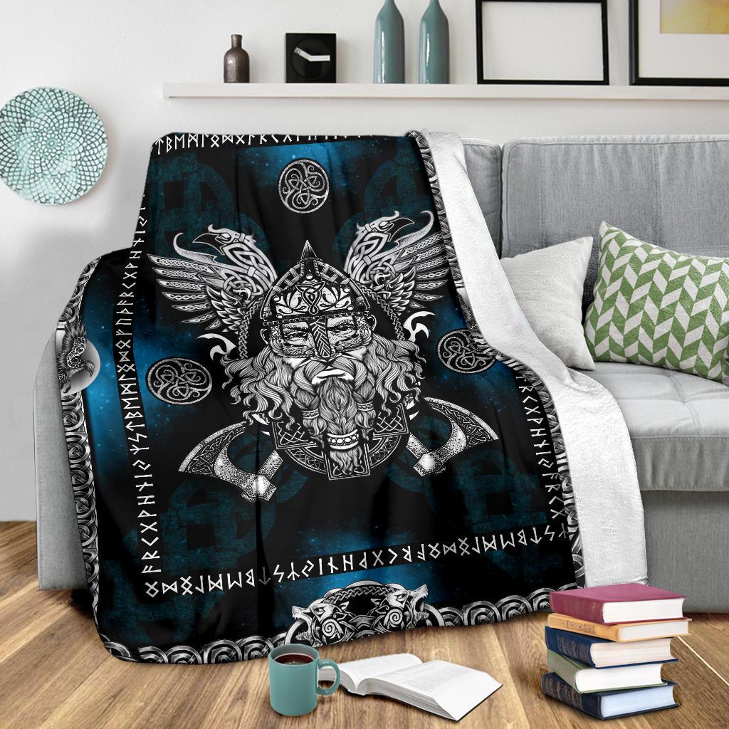 Norse God Odin with Ravens Fleece Blanket - Blue - VikingsBrand