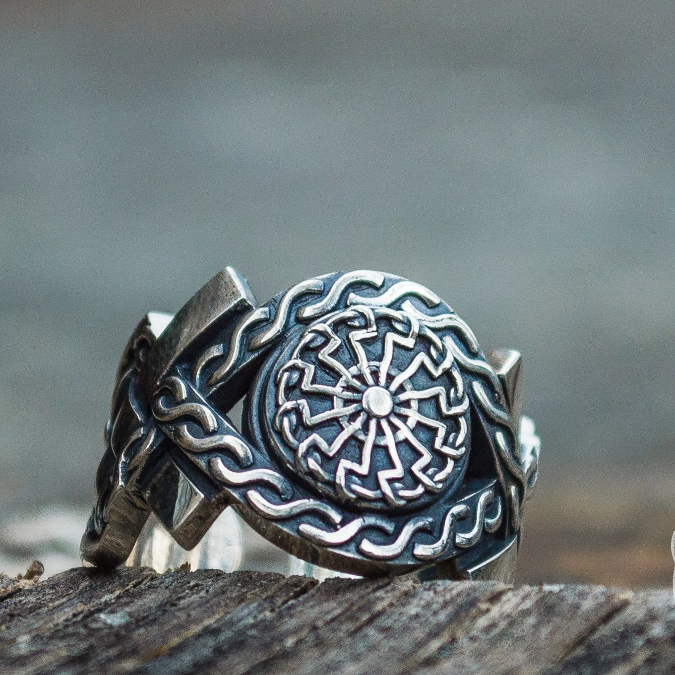 Norse Ornament Black Sun Symbol 925 Sterling Silver Viking Ring - VikingsBrand