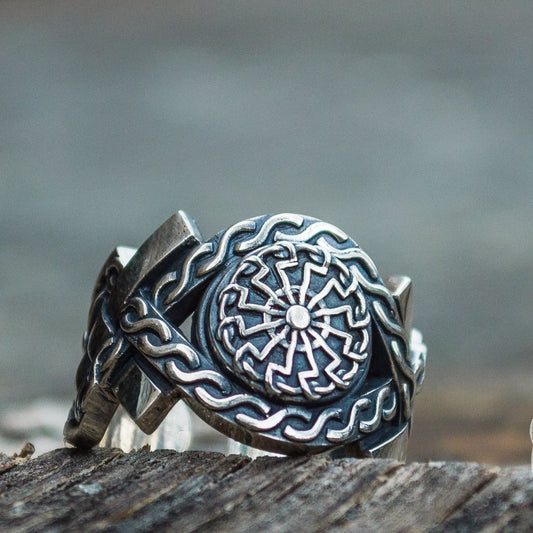 Norse Ornament Black Sun Symbol 925 Sterling Silver Viking Ring - VikingsBrand