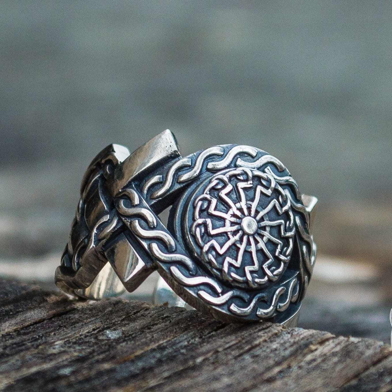 Norse Ornament Black Sun Symbol 925 Sterling Silver Viking Ring - VikingsBrand