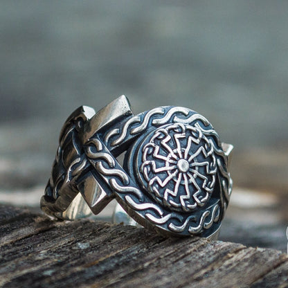 Norse Ornament Black Sun Symbol 925 Sterling Silver Viking Ring - VikingsBrand