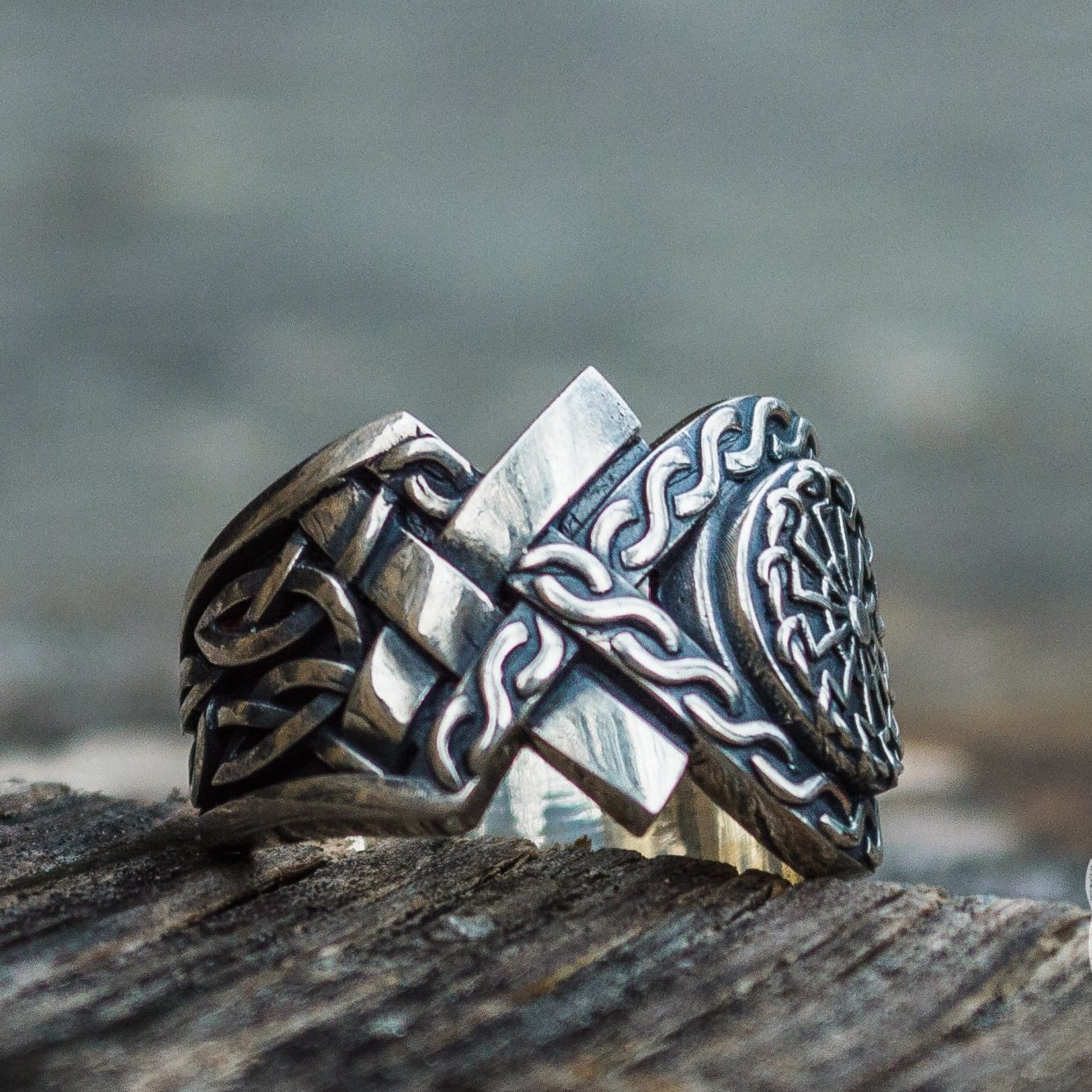 Norse Ornament Black Sun Symbol 925 Sterling Silver Viking Ring - VikingsBrand