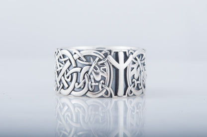 Norse Ornament Viking Ring with Algiz Rune Sterling Silver Viking Jewelry
