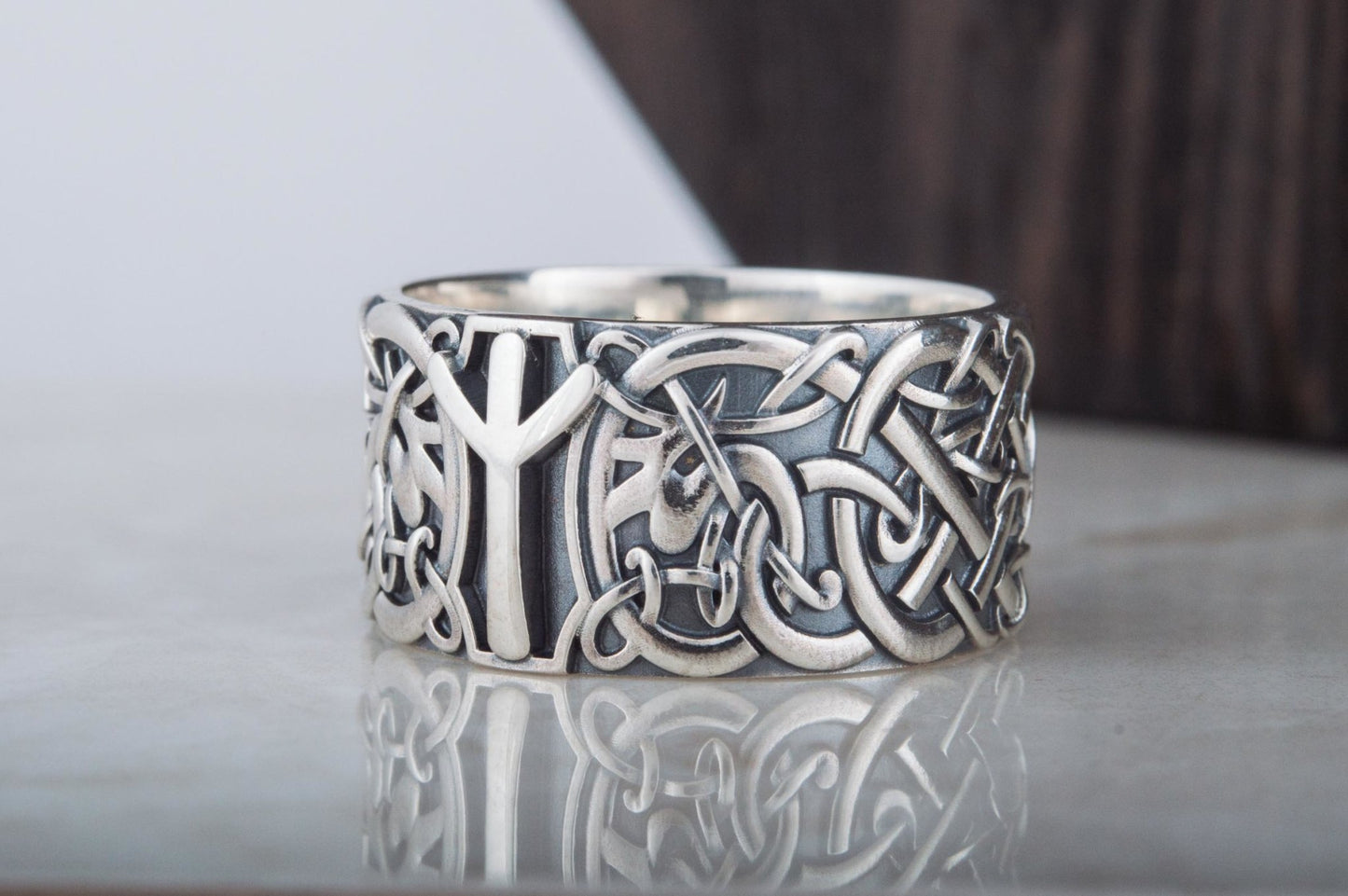 Norse Ornament Viking Ring with Algiz Rune Sterling Silver Viking Jewelry
