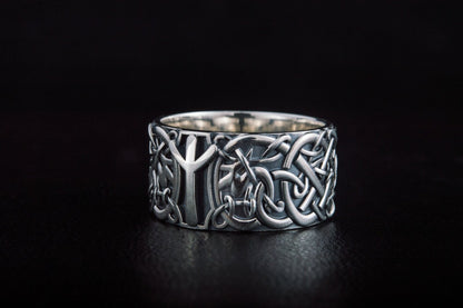 Norse Ornament Viking Ring with Algiz Rune Sterling Silver Viking Jewelry