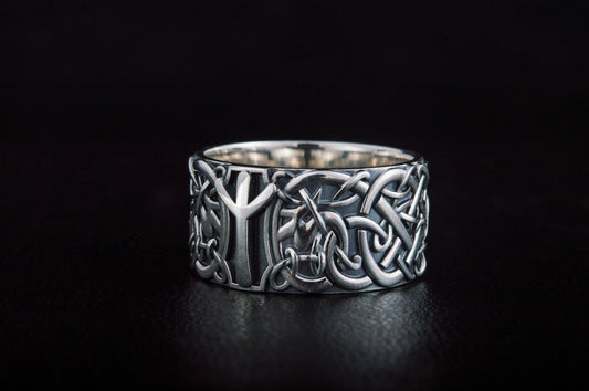 Norse Ornament Viking Ring with Algiz Rune Sterling Silver Viking Jewelry