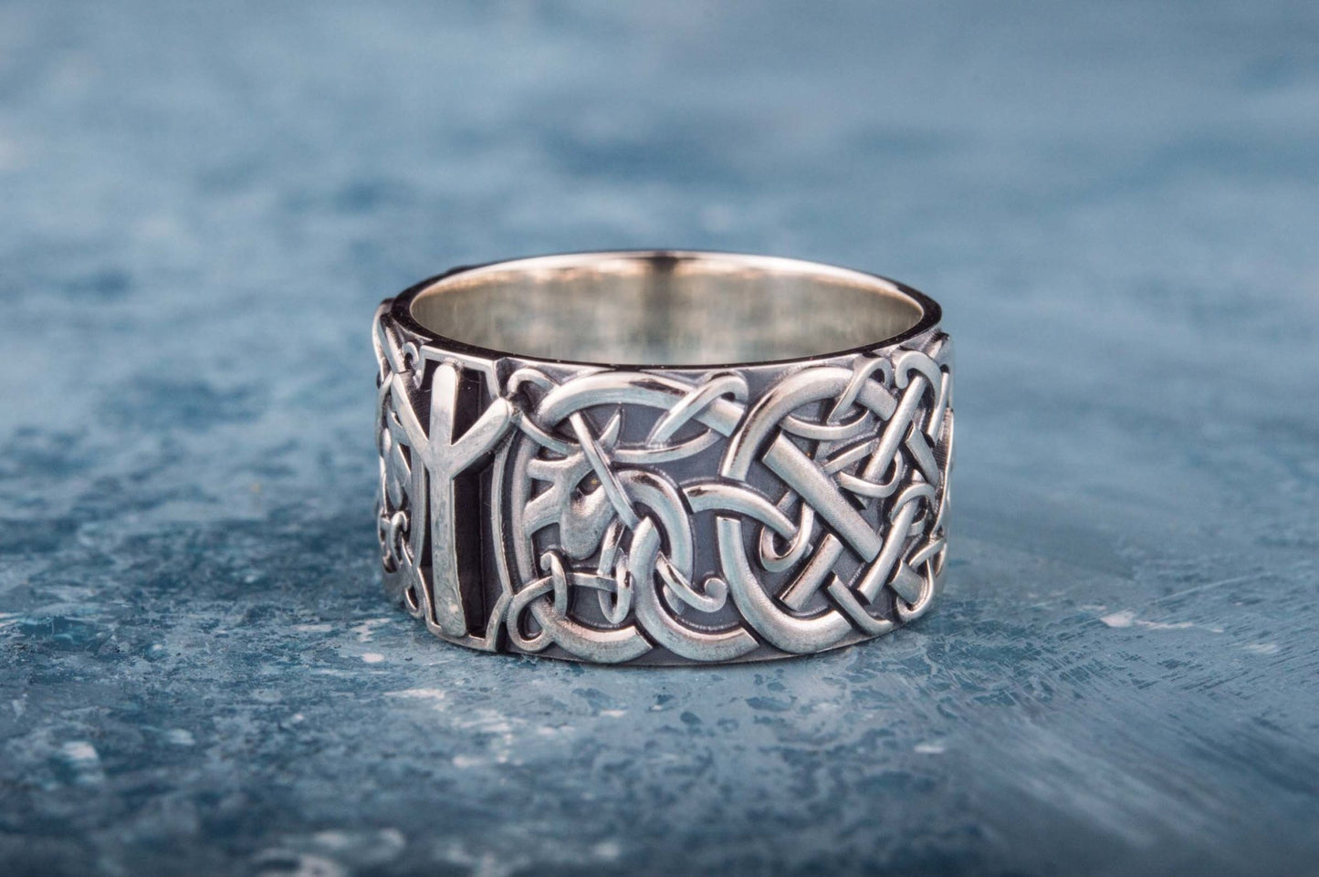 Norse Ornament Viking Ring with Algiz Rune Sterling Silver Viking Jewelry
