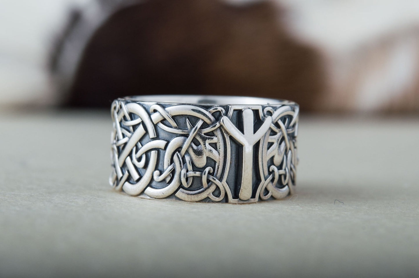 Norse Ornament Viking Ring with Algiz Rune Sterling Silver Viking Jewelry
