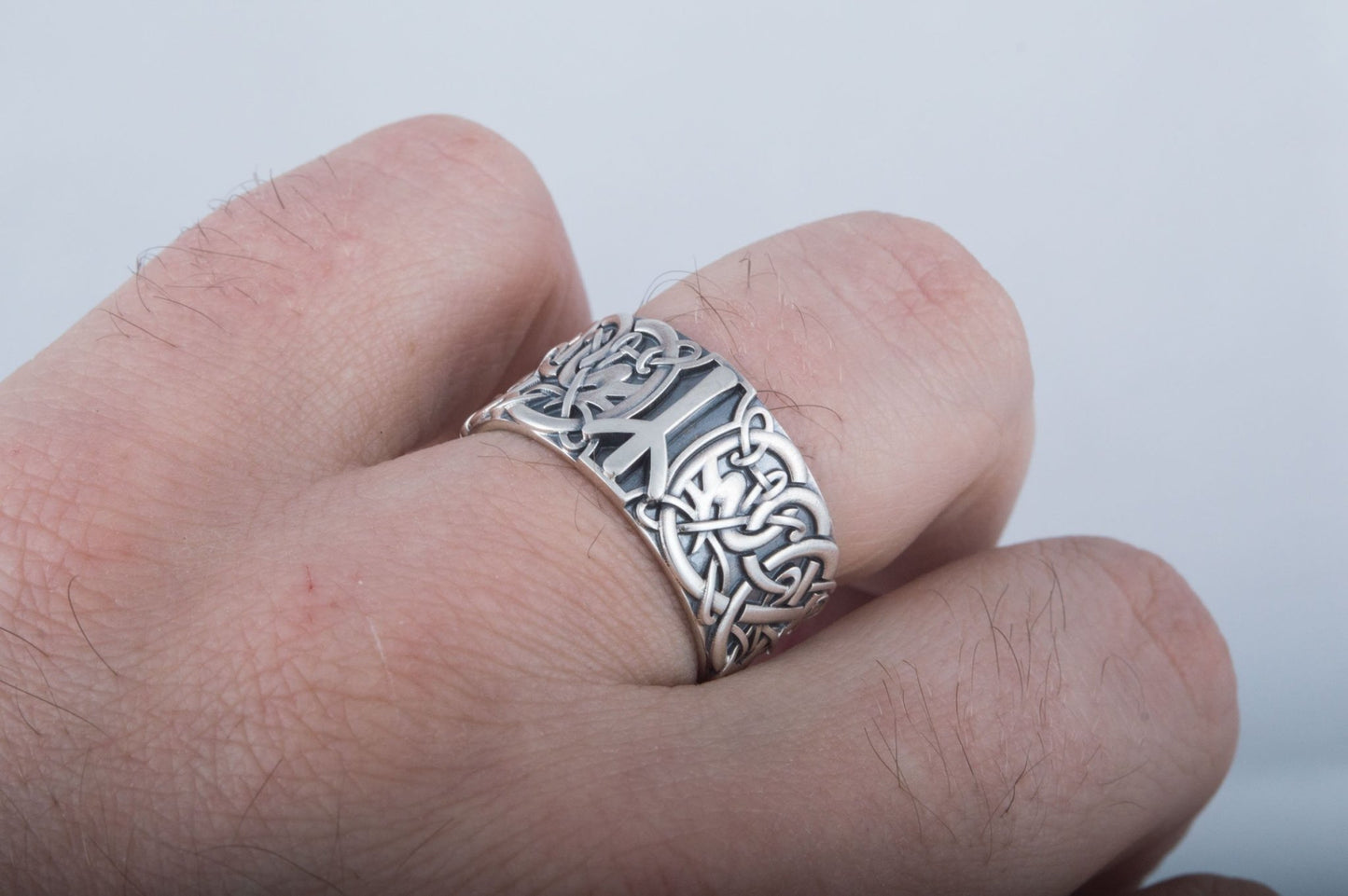 Norse Ornament Viking Ring with Algiz Rune Sterling Silver Viking Jewelry