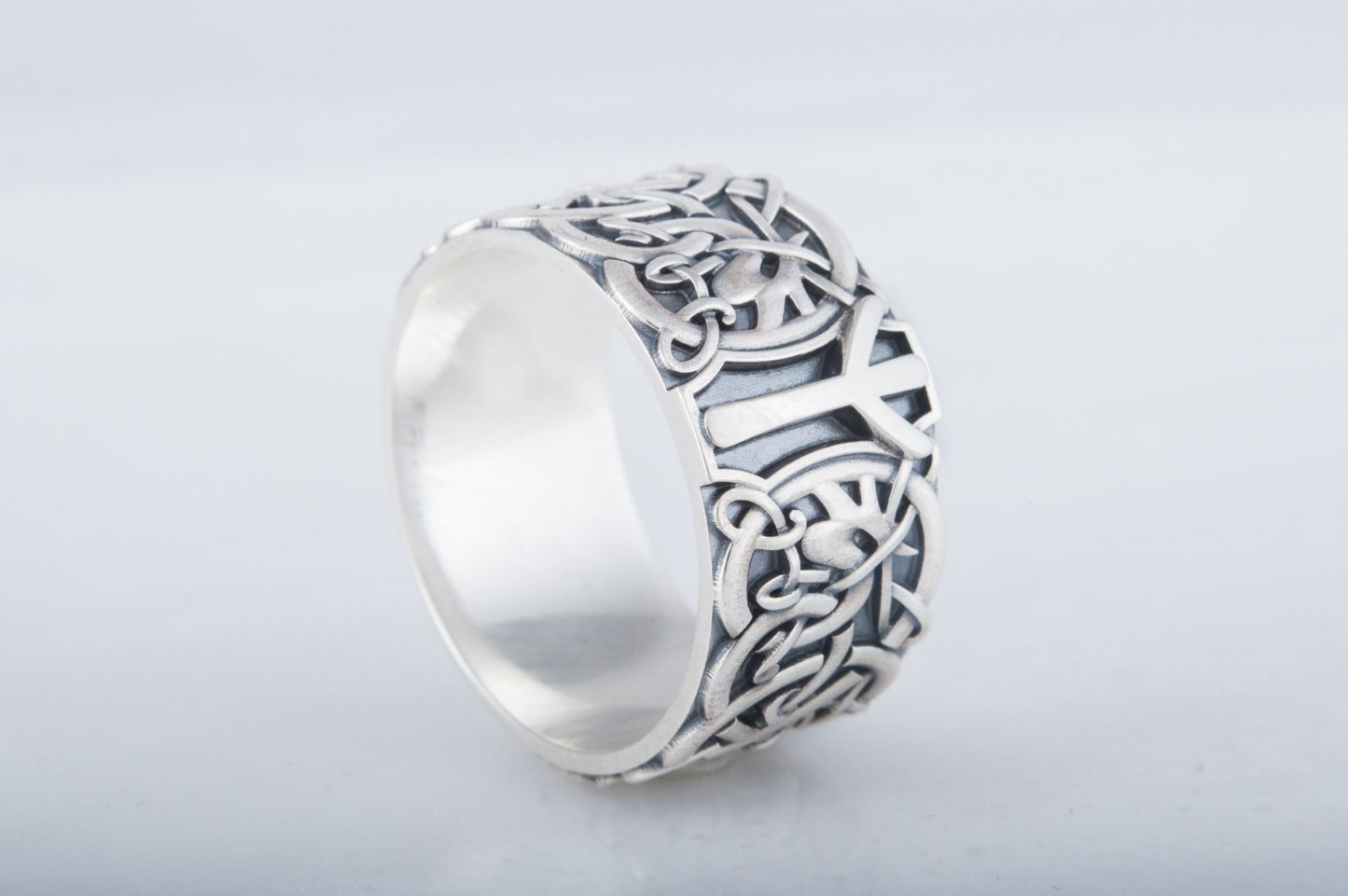 Norse Ornament Viking Ring with Algiz Rune Sterling Silver Viking Jewelry