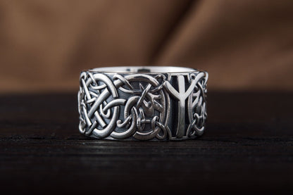 Norse Ornament Viking Ring with Algiz Rune Sterling Silver Viking Jewelry