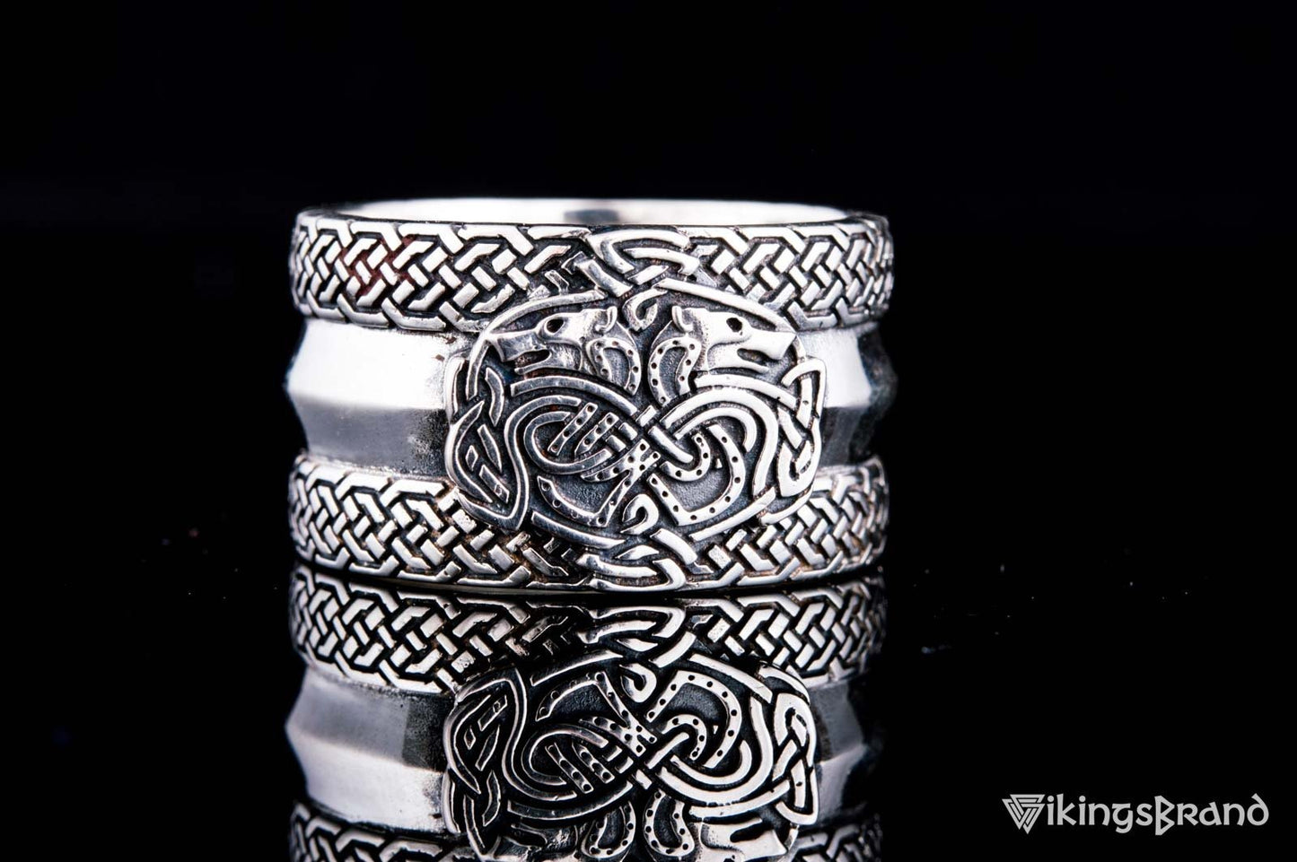 Norse Ornament Viking Ring with Wolves 925 Silver Viking Jewelry