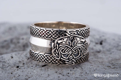 Norse Ornament Viking Ring with Wolves 925 Silver Viking Jewelry