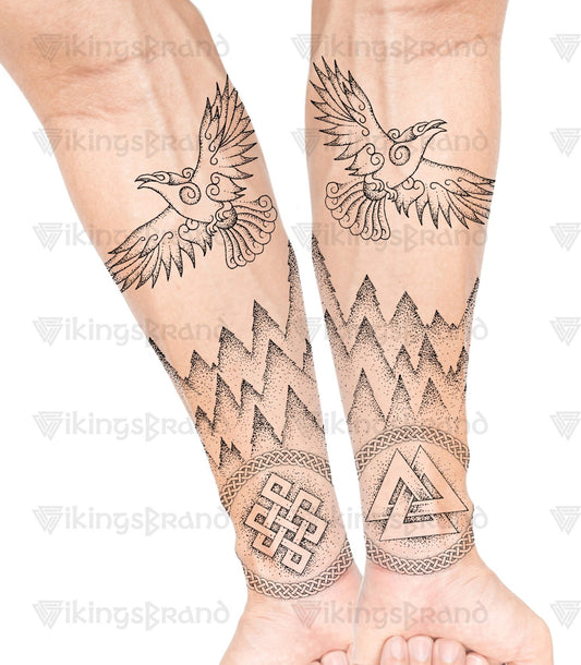 Norse Ravens Tattoo, Hugin and Munin Viking Tattoo with Valknut - Digital Download