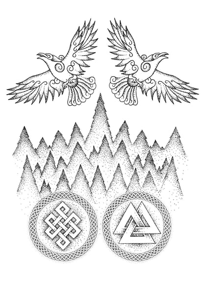 Norse Ravens Tattoo, Hugin and Munin Viking Tattoo with Valknut - Digital Download
