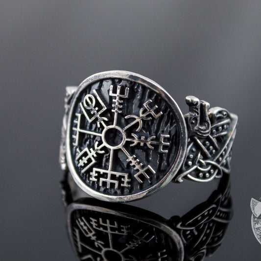 Norse Style Vegvisir Symbol 925 Sterling Silver Viking Ring - VikingsBrand