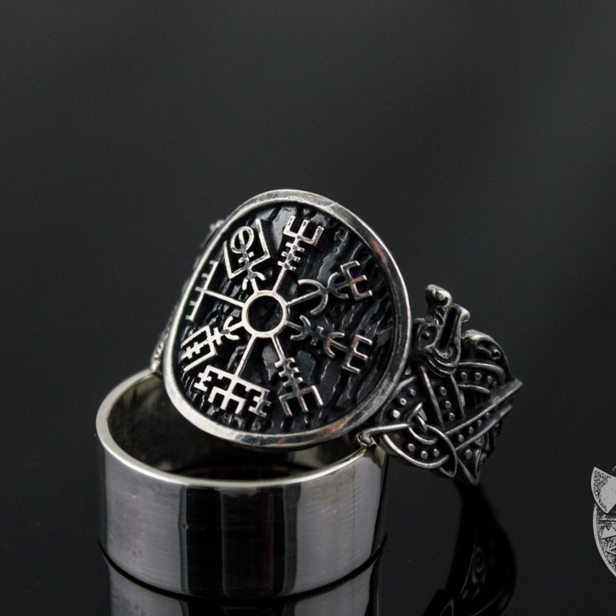 Norse Style Vegvisir Symbol 925 Sterling Silver Viking Ring - VikingsBrand