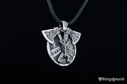 Norse Vikings Shield with Axes Pendant Sterling Silver Viking Jewelry