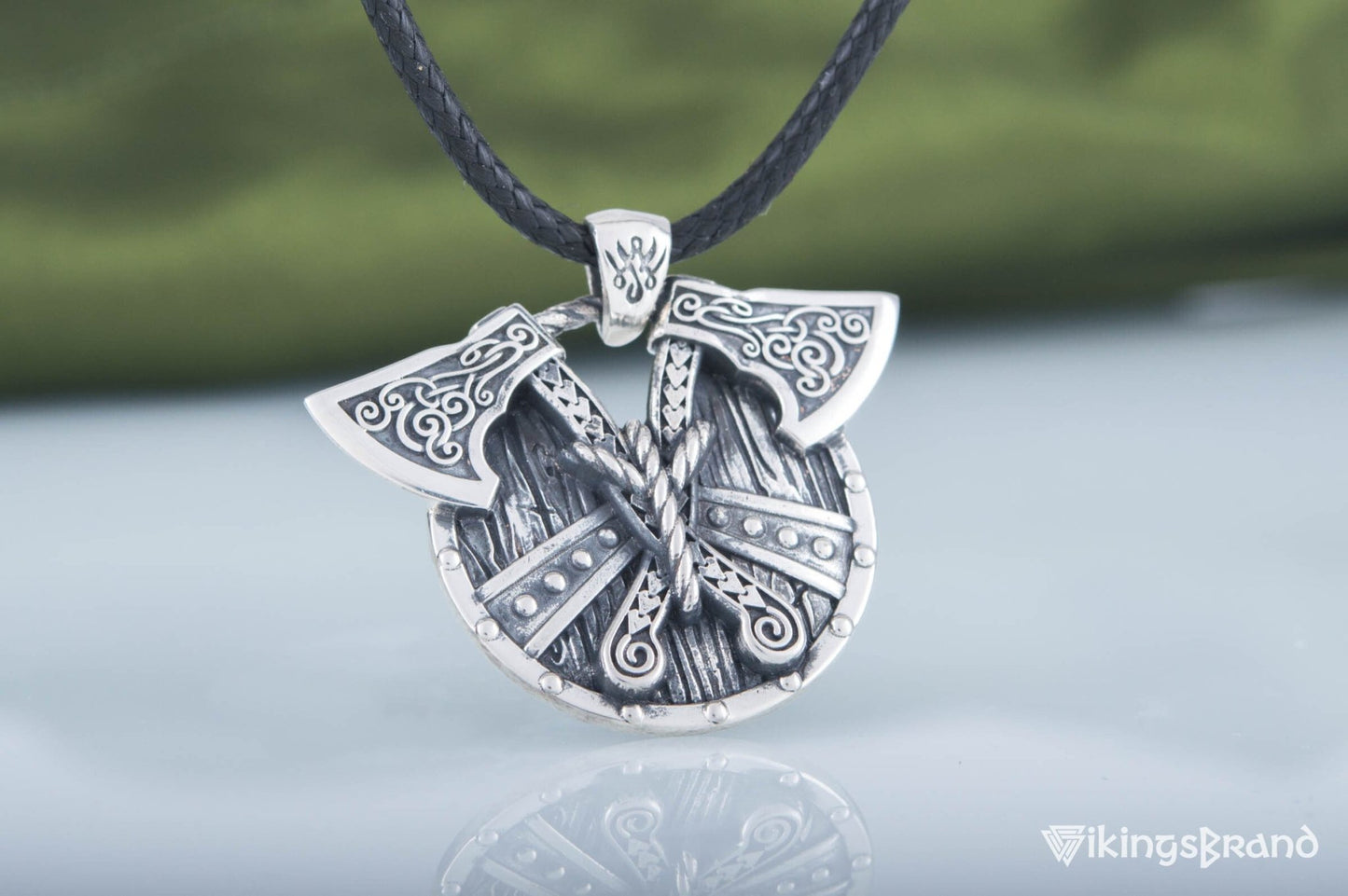 Norse Vikings Shield with Axes Pendant Sterling Silver Viking Jewelry