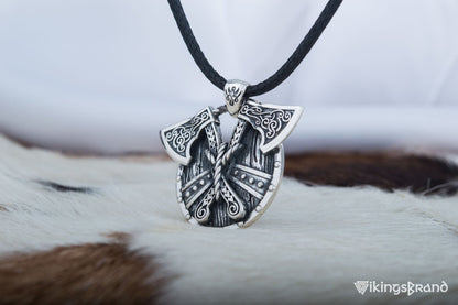 Norse Vikings Shield with Axes Pendant Sterling Silver Viking Jewelry