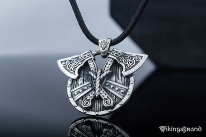 Norse Vikings Shield with Axes Pendant Sterling Silver Viking Jewelry